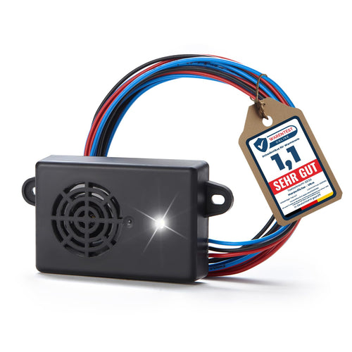 MarderSICHER Ultra Marderschutz Auto – Ultraschall & Blitzlicht: Schwarzes Gerät mit Ultraschallgeber & Blitzlicht-LEDs. Schützt Autos vor Mardern.