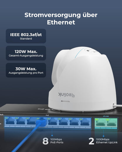 Reolink RLA-PS1 PoE-Switch mit 8 Ports und 2 Gigabit-Uplinks, 120 W