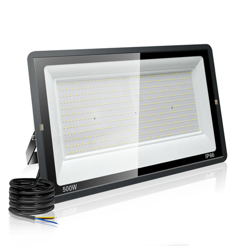 ProLux 500W LED Aussenstrahler Fluter - 6000K Kaltweiss. Rechteckiger, schwarzer LED-Fluter zur breiten Ausleuchtung von Aussenbereichen.