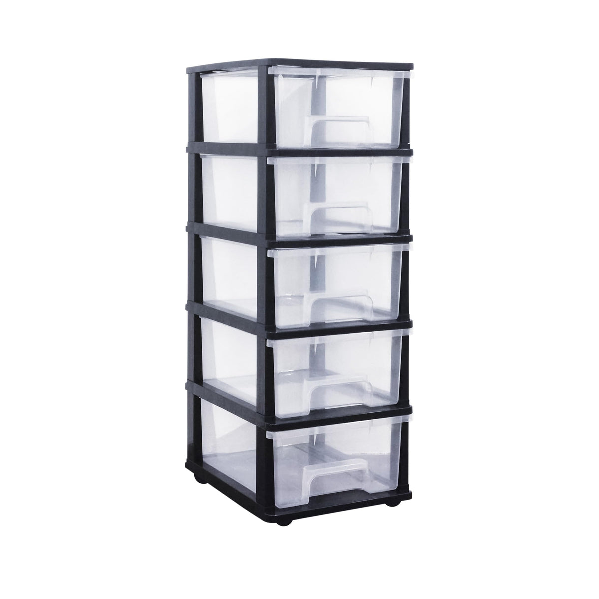 ABBAware Schubladenbox Rollcontainer mit 5 Schubladen je 17 Liter, transparente Schubladen, schwarzer Rahmen