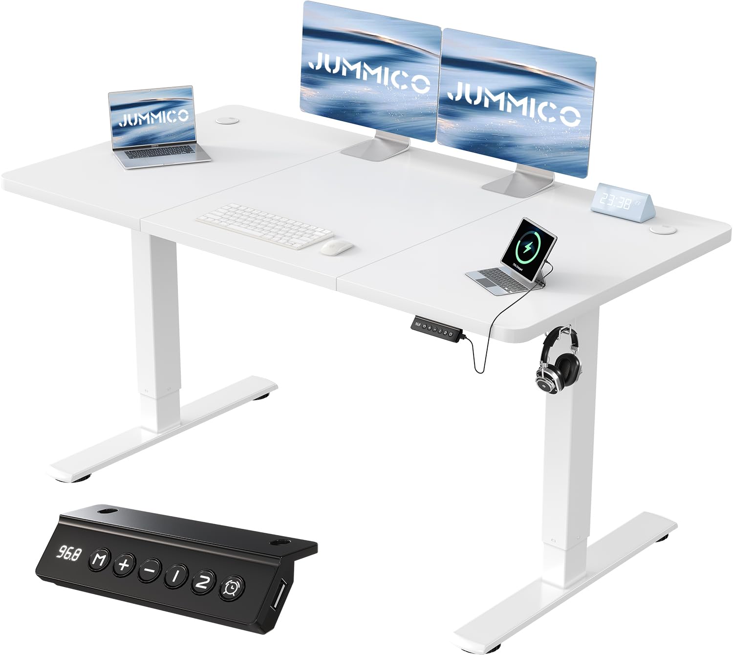 JUMMICO Elektrischer Steh-Sitz Schreibtisch mit USB, 140x60 cm, Weiss. Höhenverstellbarer Arbeitsplatz für ergonomisches Arbeiten.
