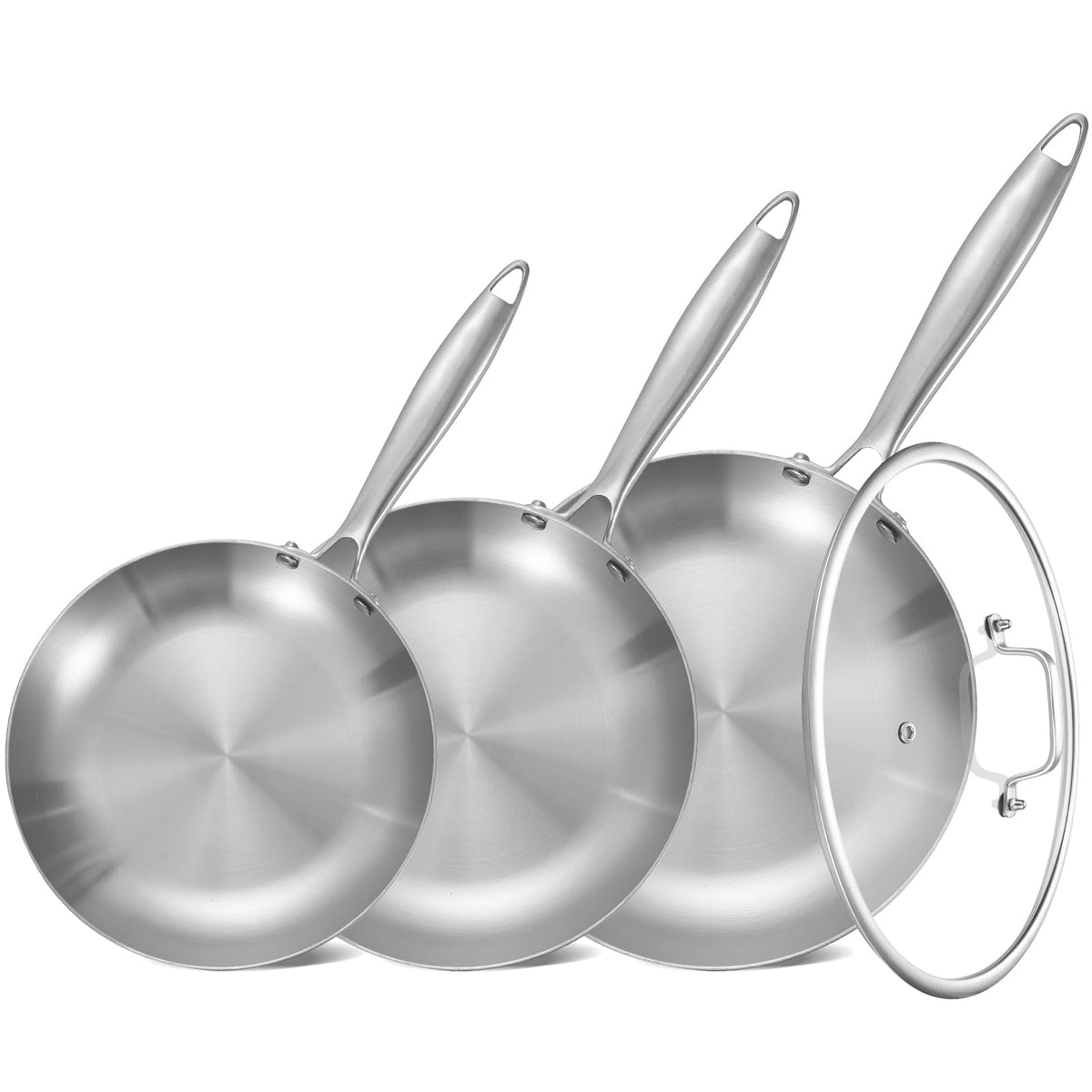 Inqibee Edelstahl Pfannenset 3-teilig 20/24/28 cm mit Glasdeckel, Edelstahlpfannen mit genietetem Griff