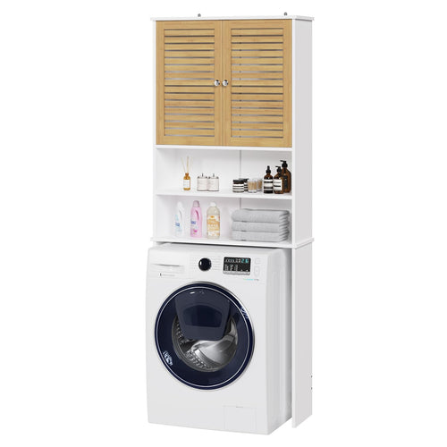 FORABAMB Waschmaschinenschrank mit Bambustüren, 185,5 × 65 × 24 cm – zwei offene Fächer, MDF-Korpus