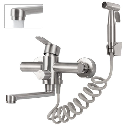 Wandarmatur Küche drehbar Spritzpistole Edelstahl gebuerstet. Mit schwenkbarem Auslauf und Brause für Wasserzufuhr & Spülen.