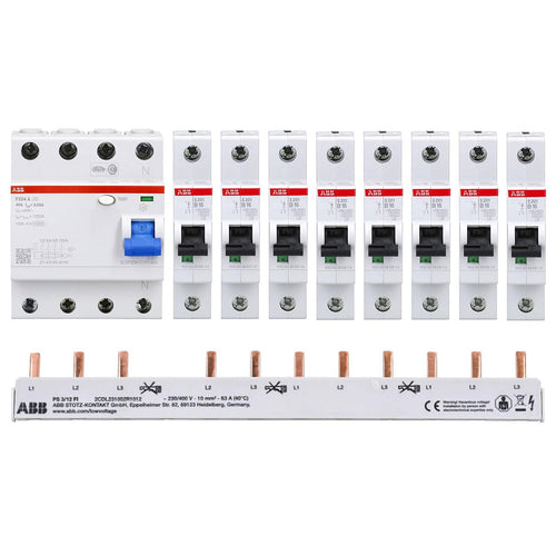 ABB Verteilerset: F204A-40/0,03 + 8x S201-B16, mit Sammelschiene: Grau-weißes Modulset zum Personen- u. Leitungsschutz.