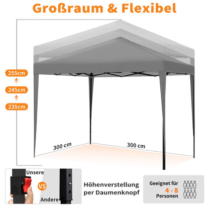 ISE Faltpavillon 3x3 m mit 4 Seitenwänden, UV-Schutz 50+, Grau