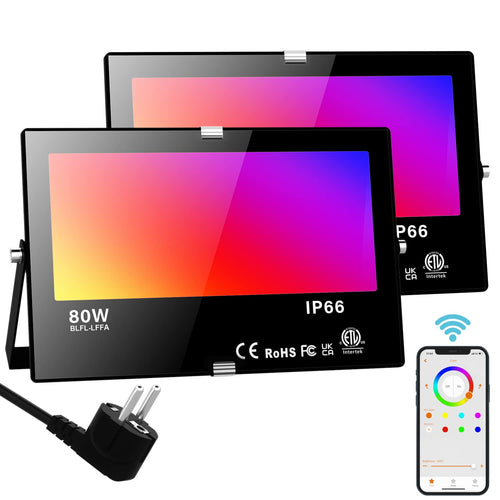 Smart RGB LED Strahler Aussen - 80W App Steuerung IP66. Kompakt, schwarz. Beleuchtet Aussenbereich farbig per App.
