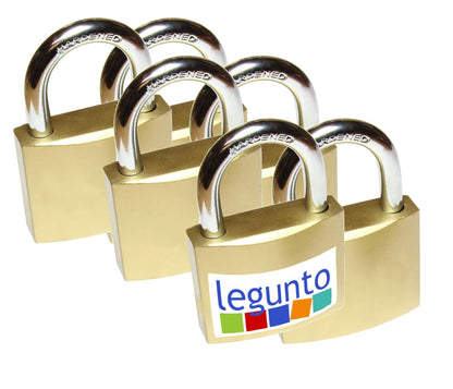 legunto Vorhängeschloss Set 6x gleichschliessend, Stahl, 38 mm – sechs messingfarbene Schlösser mit Stahlbügel