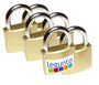 legunto Vorhängeschloss Set 6x gleichschliessend, Stahl, 38 mm – sechs messingfarbene Schlösser mit Stahlbügel