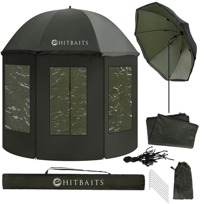 Hitbaits Angelschirm Sturmfest Wasserdicht - Mit Fenster. Runder Schirm, Fenster integriert. Schützt Angler sturmfest und wasserdicht vor Witterung.