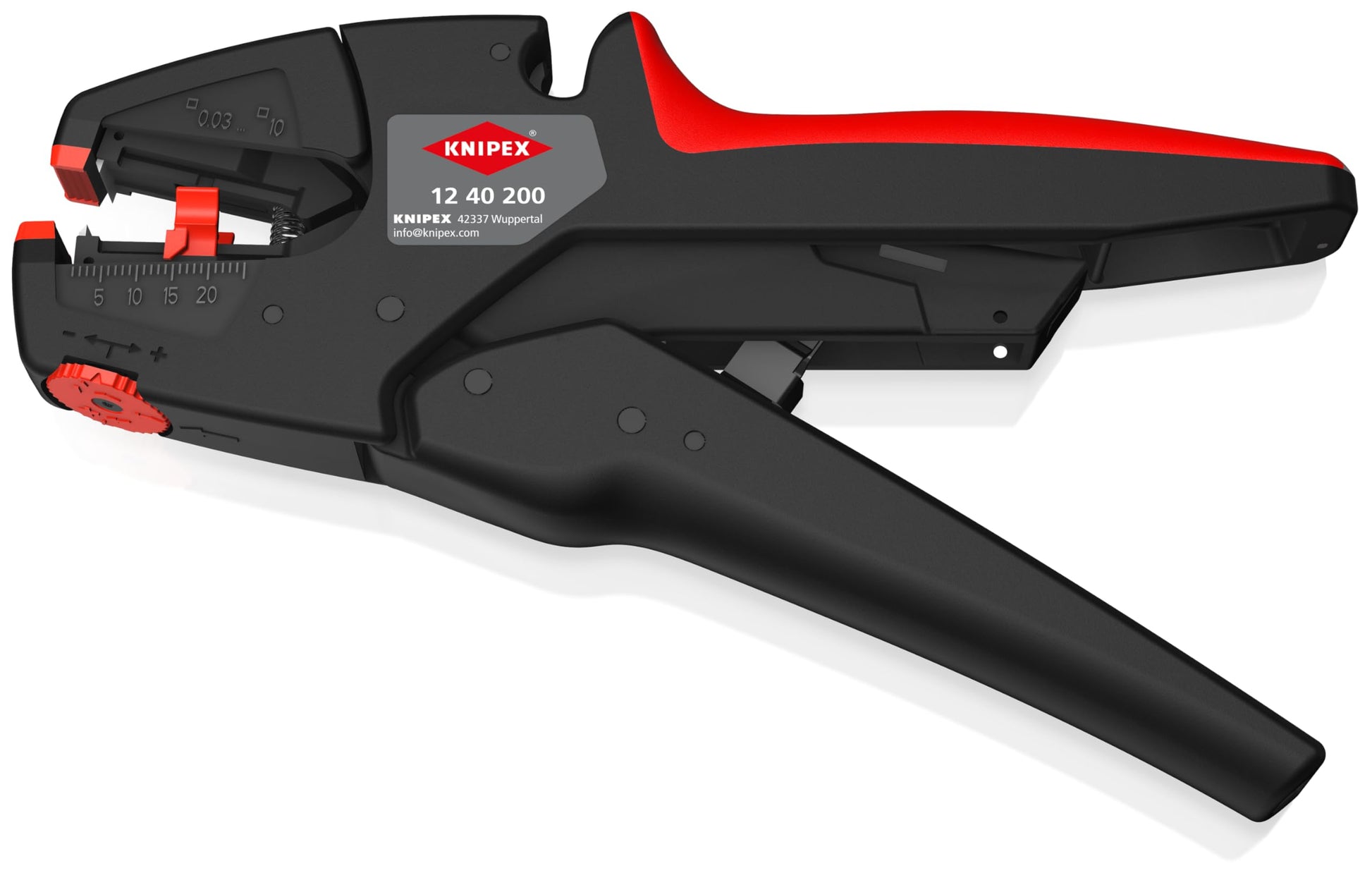 KNIPEX EvoStrip Selbsteinstellende Abisolierzange 200 mm. Rot-schwarze Griffe, metallene Backen. Zum präzisen Abisolieren von Kabeln.
