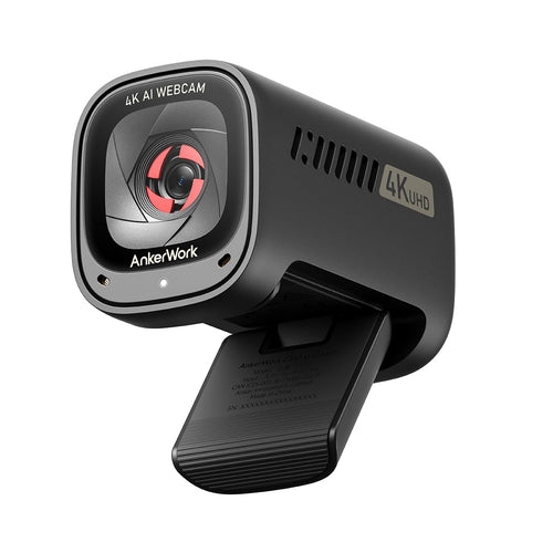 AnkerWork C310 4K Webcam mit KI-Autofokus und Geräuschunterdrückung. Kompakte schwarze Webcam für klare 4K-Videoanrufe.