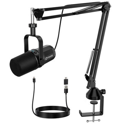 FDUCE SL40+ Dynamisches USB/XLR Mikrofon – Galgenarmständer Set. Schwarzes Mikrofon für Audioaufnahme von Sprache.