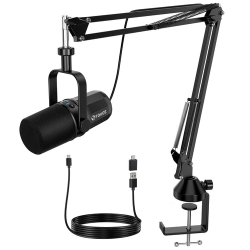 FDUCE SL40+ Dynamisches USB/XLR Mikrofon – Galgenarmständer Set. Schwarzes Mikrofon für Audioaufnahme von Sprache.