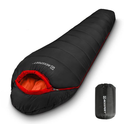 Bessport Mumienschlafsack 3-4 Jahreszeiten Winter - 0°C. Ergonomisch geformt, mit Kapuze. Wärmt Outdoor bis 0°C.