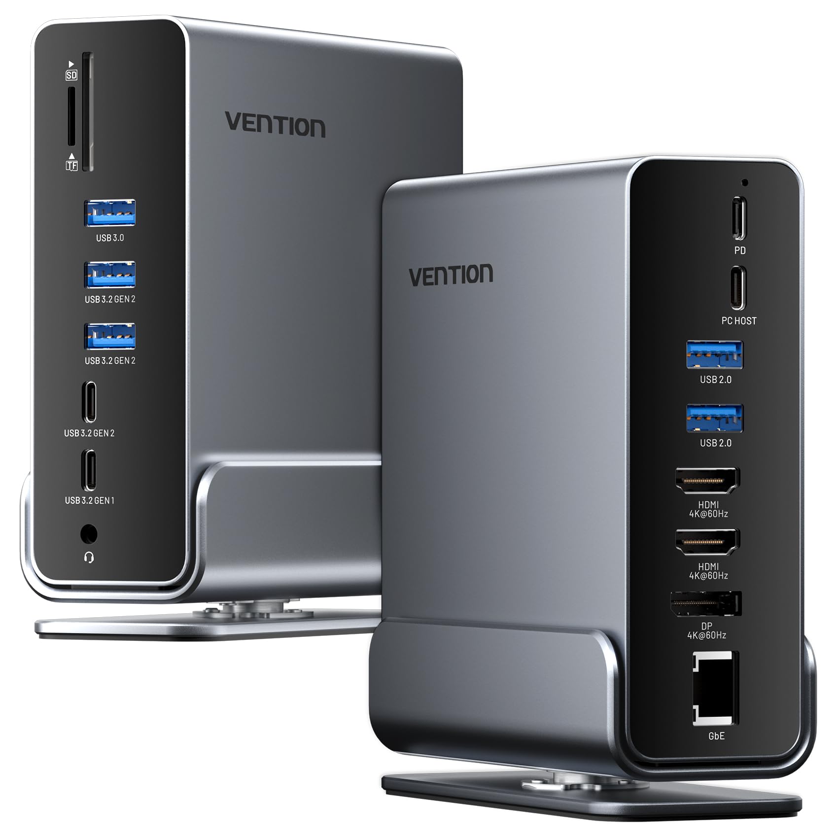 VENTION USB C Docking Station 16-IN-1 - 3 Monitore. Grau, rechteckig. Erweitert USB-C um 16 Anschlüsse für 3 externe Monitore u. Peripherie.