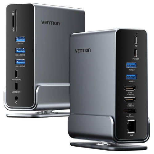 VENTION USB C Docking Station 16-IN-1 - 3 Monitore. Grau, rechteckig. Erweitert USB-C um 16 Anschlüsse für 3 externe Monitore u. Peripherie.