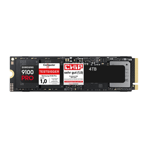 Samsung 9100 PRO interne SSD NVMe M.2 - 4 TB PCIe 5.0. Rechteckige schwarze M.2-Karte zur Datenspeicherung in PCs.