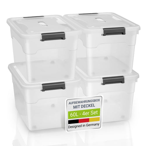 Juskys Aufbewahrungsboxen 60L – 4er Set, transparent & stapelbar: Transparente, rechteckige Boxen zum Stapeln und Verstauen von Gegenständen.