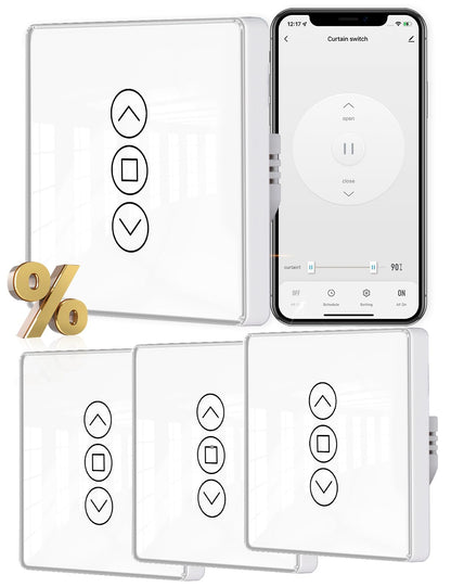 MOES 2.5D Rolladenschalter Smart WLAN Unterputz - 4er-Pack. Weißer Rechteckschalter steuert Rolladen via WLAN nach Unterputz-Montage.