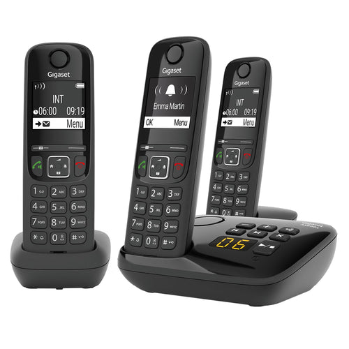 Gigaset AS690A Trio DECT-Telefone mit Anrufbeantworter - Schwarz. Drei schwarze DECT-Mobilteile für schnurlose Telefonie und Nachrichtenaufzeichnung.