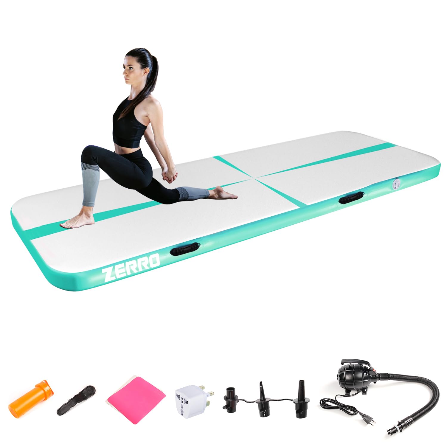 CCLIFE Airtrack Turnmatte 3m x 10cm grün. Die aufblasbare Matte federt für Turnen und Gymnastik; Pumpe inklusive.