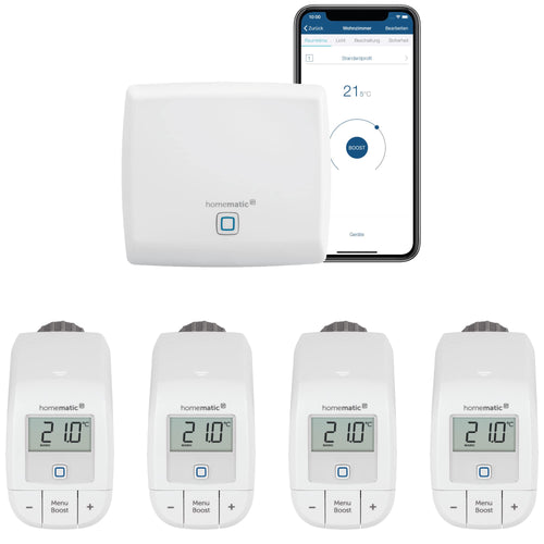 Homematic IP Heizungssteuerung 4 Heizkörper Set – Basic Weiss. Weißes Funk-Heizkörperthermostat-Set zur automatisierten Temperaturregelung.