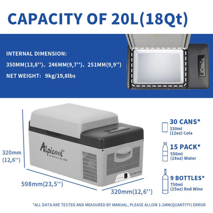 Alpicool C20 Kompressor-Kühlbox 20 l, tragbar, 12 V, -20 bis 20 °C