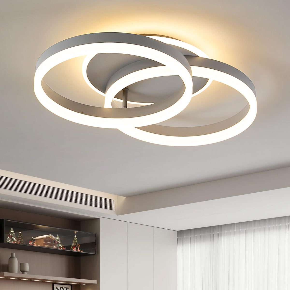 Amdelne LED Deckenleuchte 2-Ringe Design 50cm Dimmbar – Grau. Graue, runde Leuchte mit zwei Ringen. Dient der dimmbaren Raumbeleuchtung.