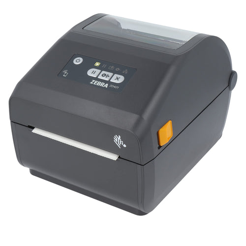 Zebra ZD421d Thermodirekt Etikettendrucker - Abreisskante 203 DPI. Kompakter, dunkelgrauer Drucker, druckt Etiketten thermodirekt für Logistik.