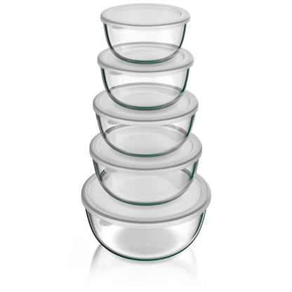 Arendo Salatschüssel Set aus Glas mit Deckel, 5-teilig, 1,0–4,4 l – Borosilikatglas, stapelbar