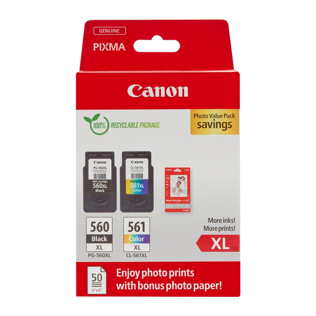 Canon PG-560XL/CL-561XL Original Tintenpatronen + Fotopapier mit 50 Blatt 10 x 15 cm