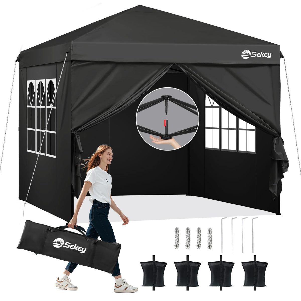 Sekey Premium Pop Up Pavillon 3x3 m mit Seitenwänden – Schwarz. Schwarzer Faltpavillon. Bietet Wetterschutz für Outdoor-Events.