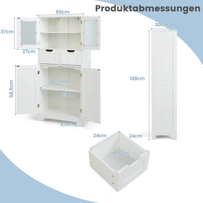 COSTWAY Badschrank mit 2 Schubladen, 4 Türen, Regale verstellbar - Weiss