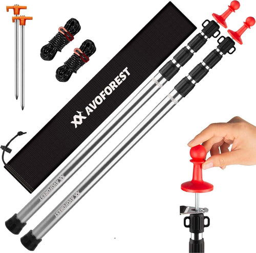 AVOFOREST TP10 Teleskop-Zeltstange Aluminium, 88–265 cm, 2er-Set – silberne Aluminiumstangen mit roter Silikonkappe