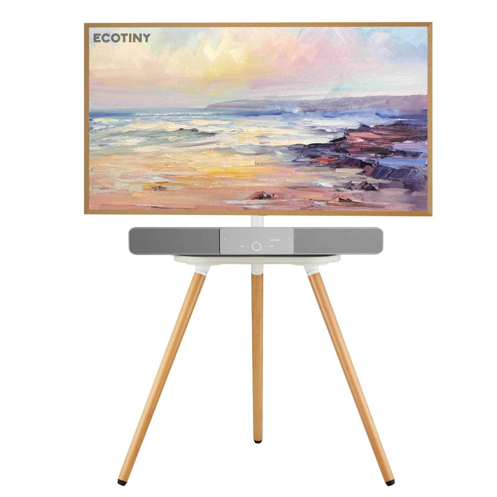 ECOTINY TV Staffelei Holz – 43-65 Zoll, Schwarze Walnuss. Dreibeiniger Standfuß in Schwarznuss-Optik. Hält 43-65 Zoll TVs für flexible Platzierung.