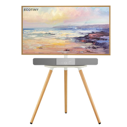 ECOTINY TV Staffelei Holz – 43-65 Zoll, Schwarze Walnuss. Dreibeiniger Standfuß in Schwarznuss-Optik. Hält 43-65 Zoll TVs für flexible Platzierung.