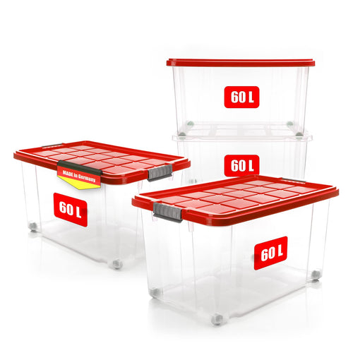 BigDean 60 L Stapelbox mit Deckel - 4er Set rot. Rote, rechteckige Kunststoffboxen zum Ordnen und Verstauen.