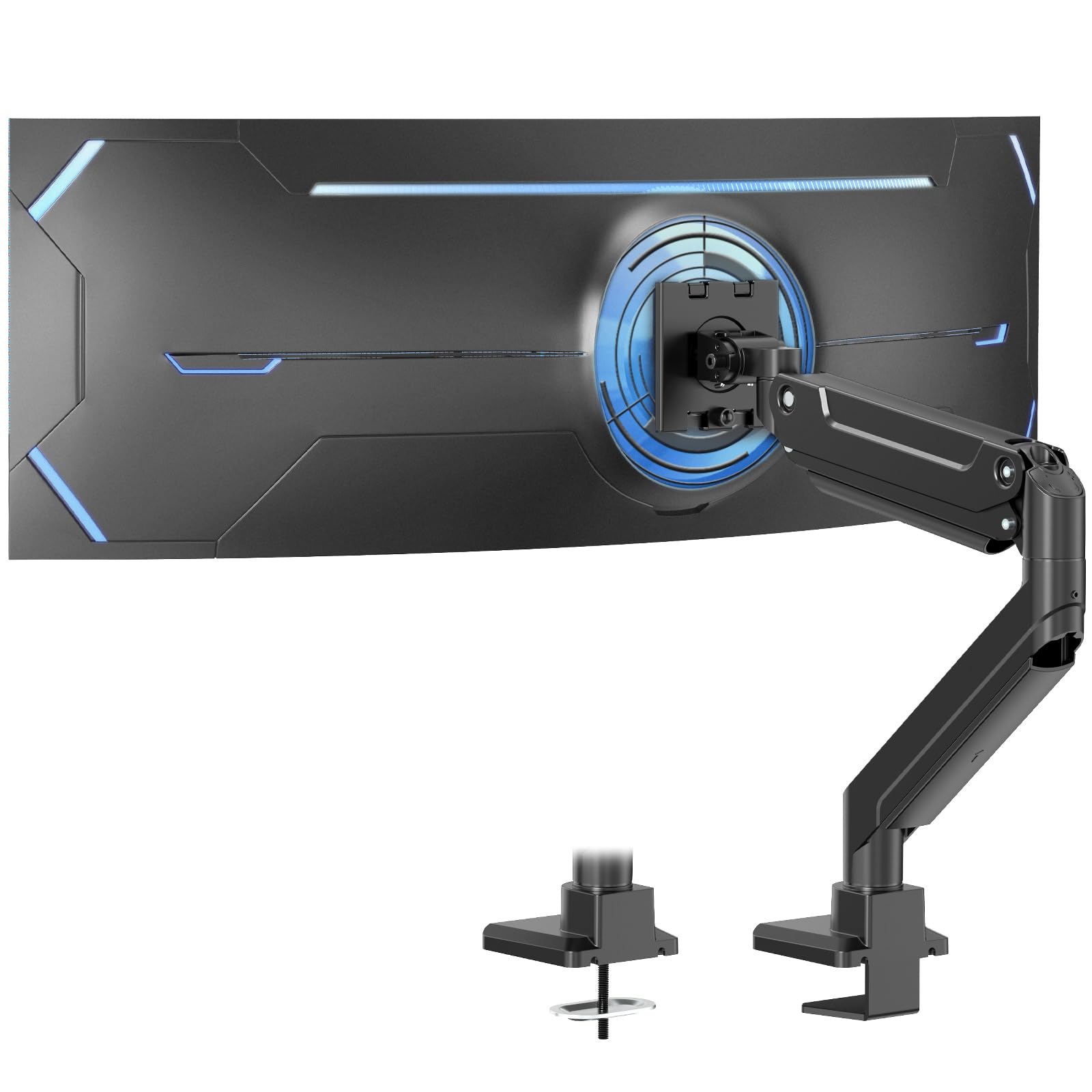 PUTORSEN Gasfeder Monitor Tischhalterung - 17-49 Zoll. Schwarze Tischhalterung mit Gelenkarm und Gasfeder für ergonomische Monitorpositionierung.