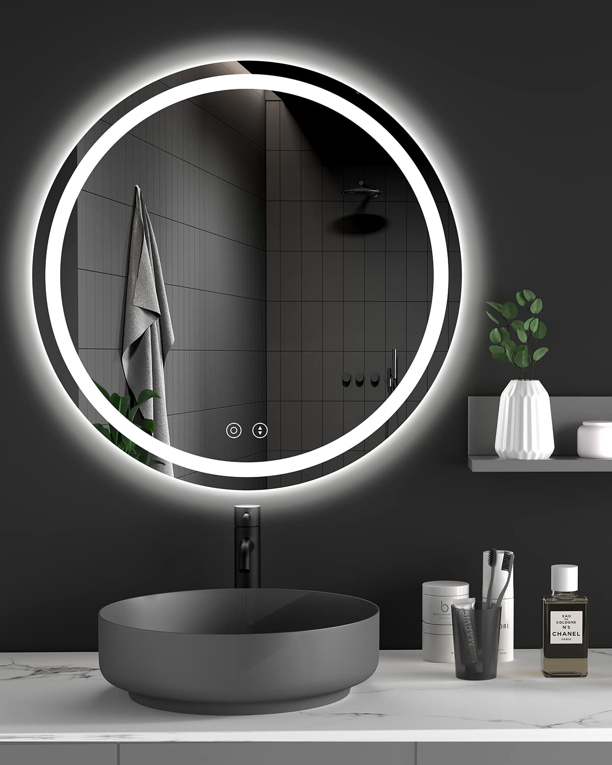 Dripex LED Badspiegel rund - dimmbar, beschlagfrei, 50 cm. Runder Spiegel mit integrierter LED-Beleuchtung für beschlagfreie Sicht.