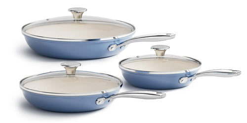 Redchef 6-tlg. Keramik Bratpfannen Set Induktion Blau. Runde Pfannen mit Keramikbeschichtung und Deckeln zum Braten, induktionsgeeignet.