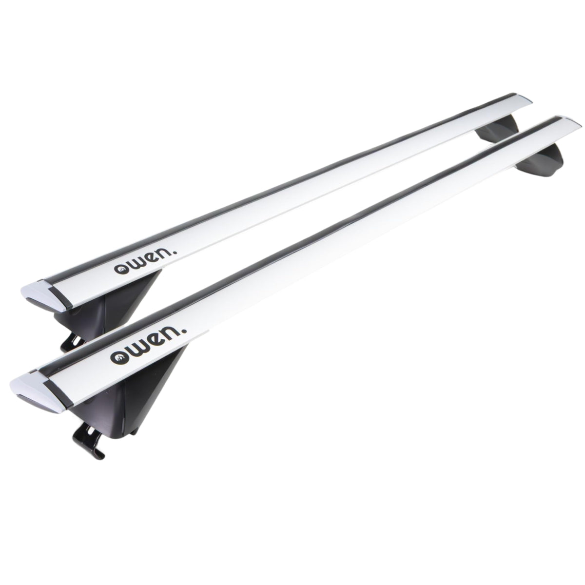 Owen Dachträger 3.0 Pro für bündige Reling - Silber 120cm. Zwei silberne Querträger zum Transport auf bündiger Dachreling.