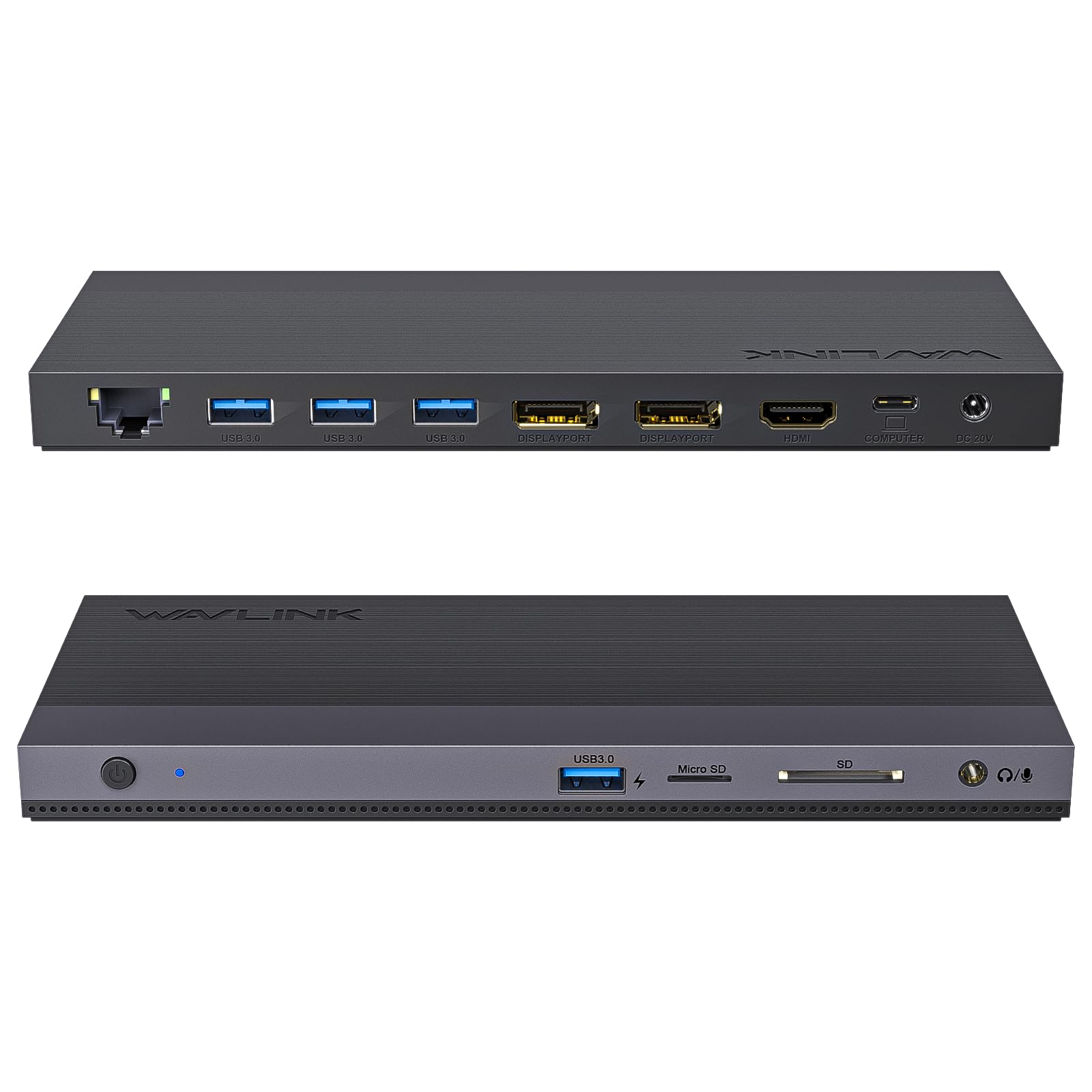Wavlink USB C Docking Station Triple Display 100W PD. Schwarzes, kompaktes Gerät. Erweitert USB-C-Laptops um Triple Display + Peripherie; liefert 100W PD.