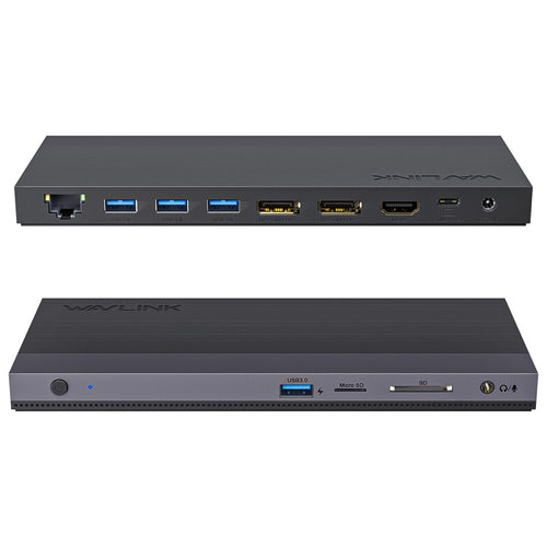 Wavlink USB C Docking Station Triple Display 100W PD. Schwarzes, kompaktes Gerät. Erweitert USB-C-Laptops um Triple Display + Peripherie; liefert 100W PD.