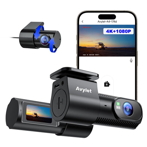 Avylet 4K+1080P Dashcam Dual Auto Kamera - Mini 5GHz Wi-Fi: Kompakte, schwarze Kamera. 4K-Front/1080P-Heckaufnahme. Fahrdokumentation.