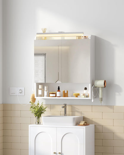 Hzuaneri Spiegelschrank mit LED-Beleuchtung und Föhnhalter, weiss