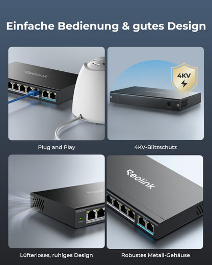 Reolink RLA-PS1 PoE-Switch mit 8 Ports und 2 Gigabit-Uplinks, 120 W