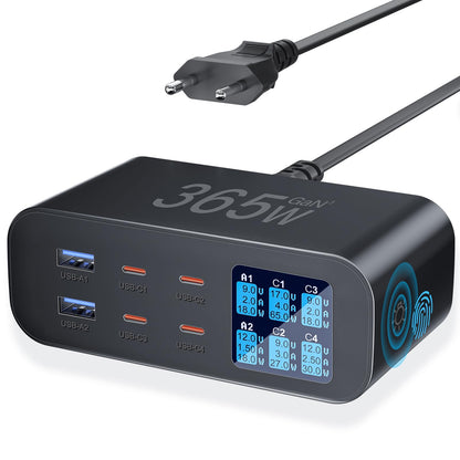 YSYFAD 365W USB C Ladestation 6-Port GAN - Schwarz. Kompakte schwarze Ladestation zum effizienten Laden von 6 USB-C Geräten gleichzeitig.