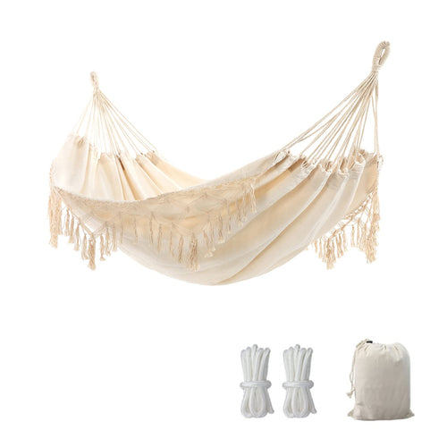 YAERSI Hängematte Boho Makramee 2 Personen bis 204 kg mit Tragetasche, beige mit handgewebten Quasten