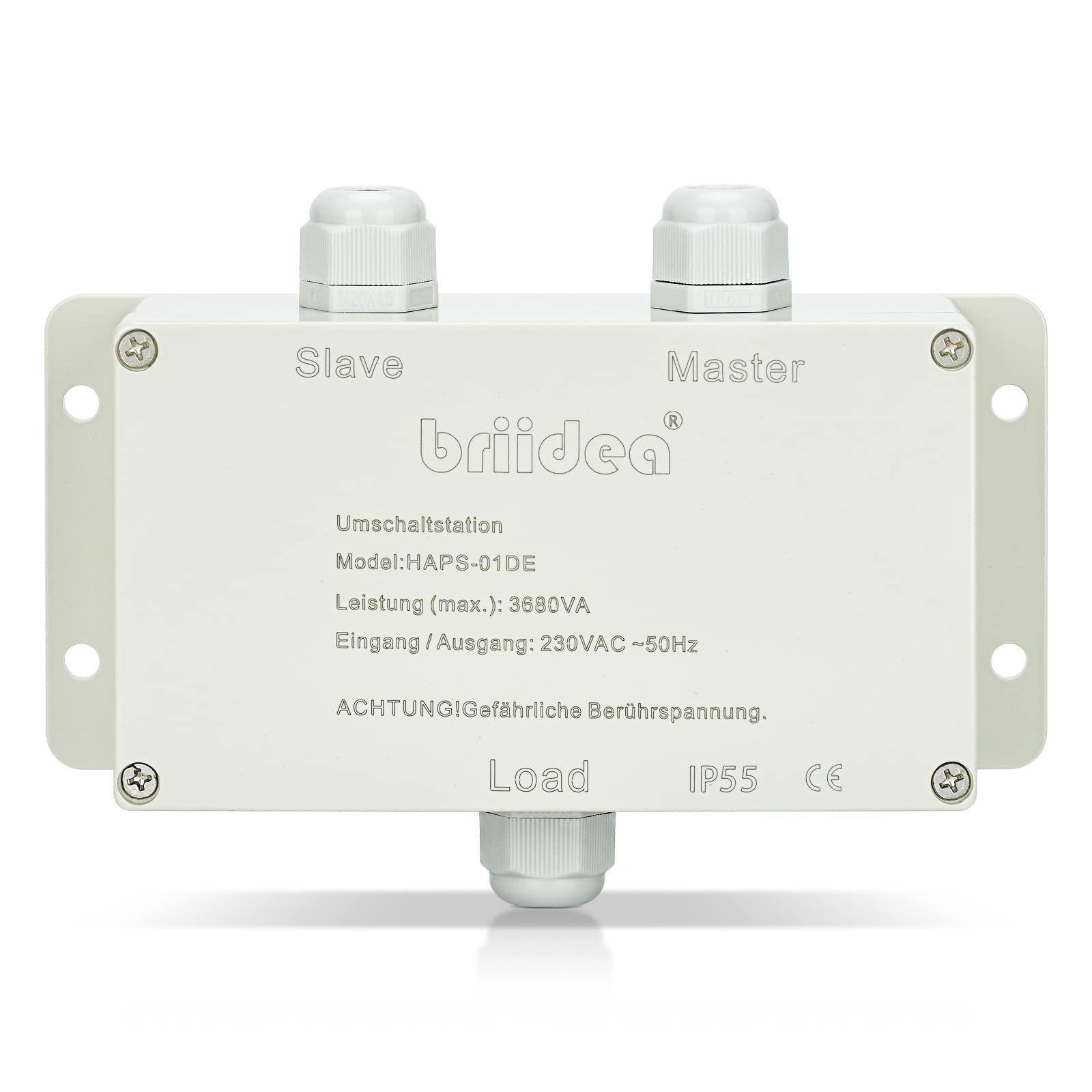 briidea Netzvorrangschaltung Umschaltstation – 16A 230V. Rechteckiges Gehäuse. Priorisiert eine Wechselstromquelle zur Einspeisung von Verbrauchern.